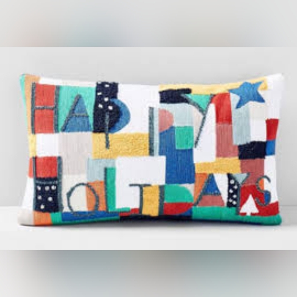 WEST ELM happy holidays beaded pillow cover 12x21 multicolor embroidered sham